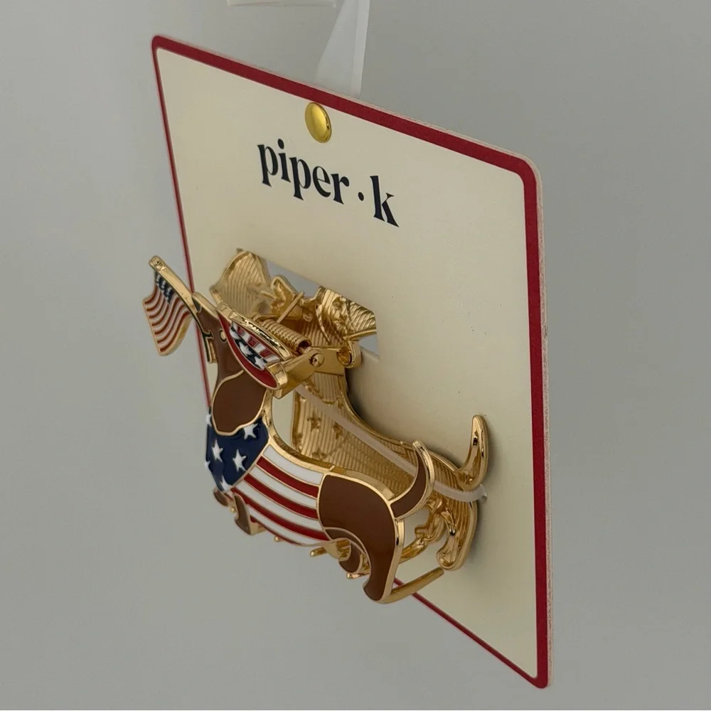 Piper K Patriotic Dachshund Hair Claw Clip Gold Tone Rhinestones Red White Blue